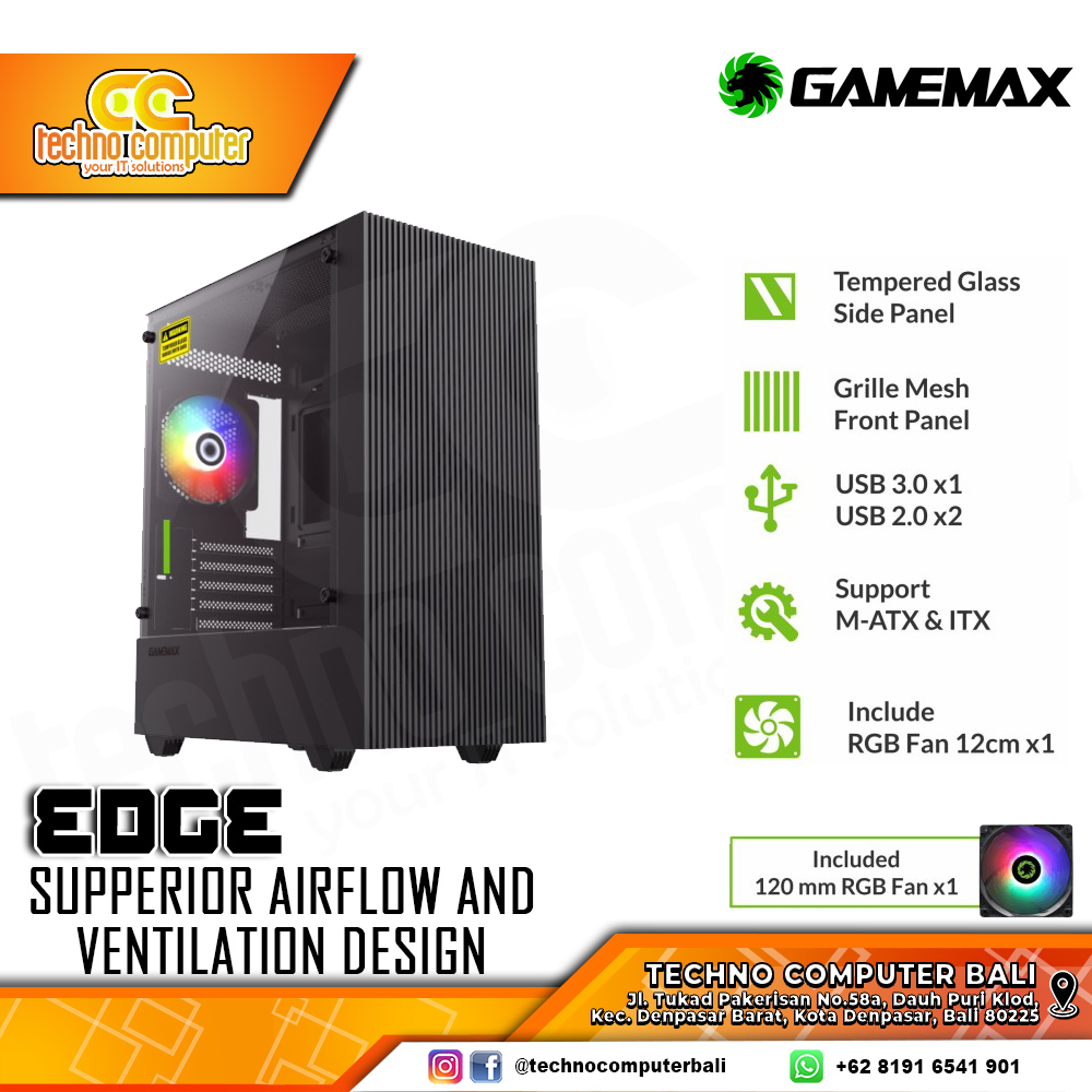CASING GAMEMAX EDGE - Mini Tower mATX Case Tempered Glass (Free 1x RGB Fan)