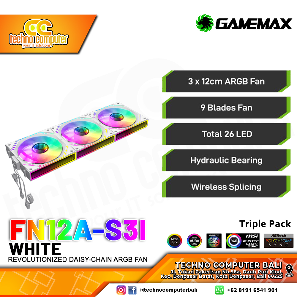 FAN CASING GAMEMAX FN12A-S3I WHITE - 120mm Triple Pack ARGB Fan