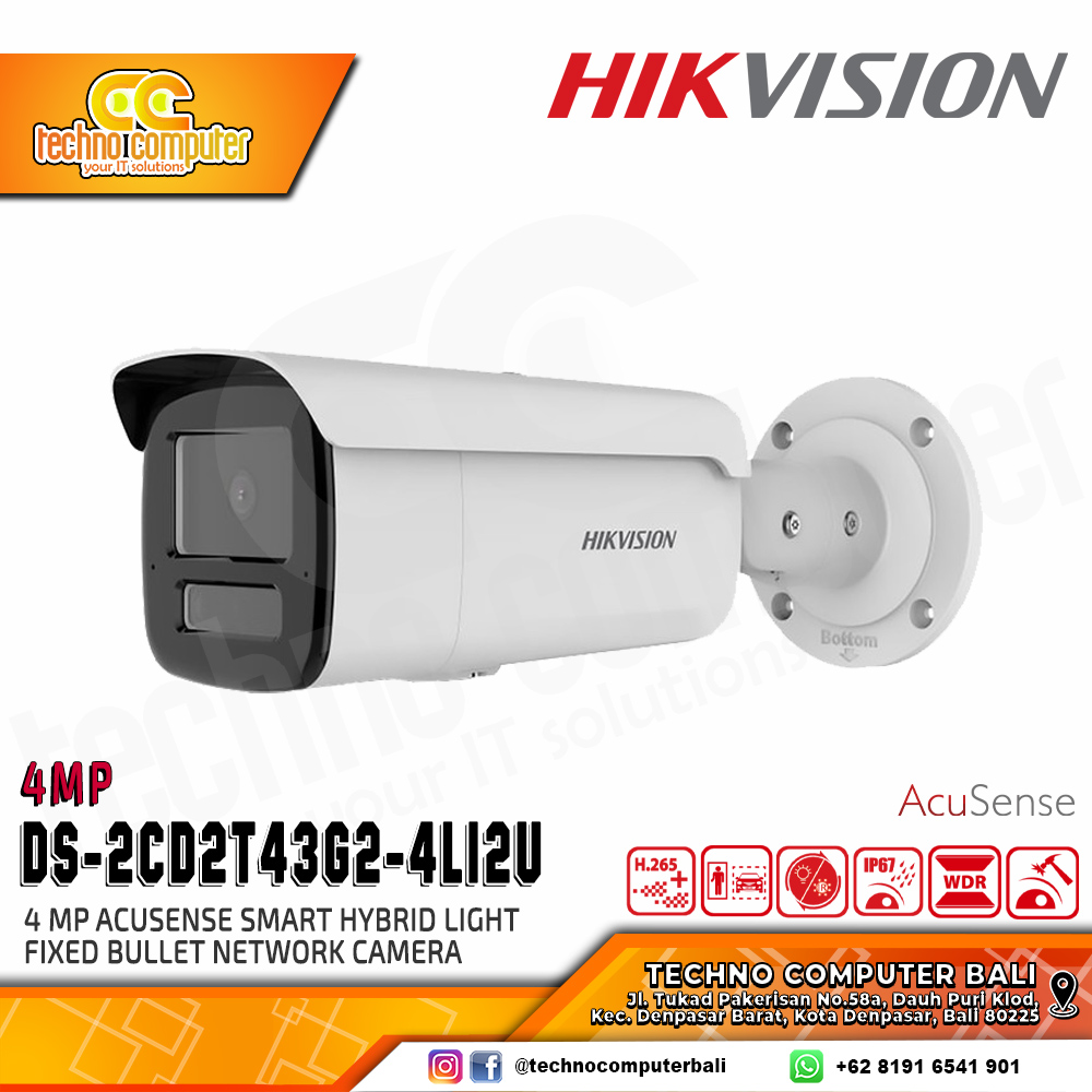 HIKVISION DS-2CD2T43G2-4LI2U 4MP (2.8mm) OUTDOOR Smart Hybrid Light Fixed Bullet Network Camera