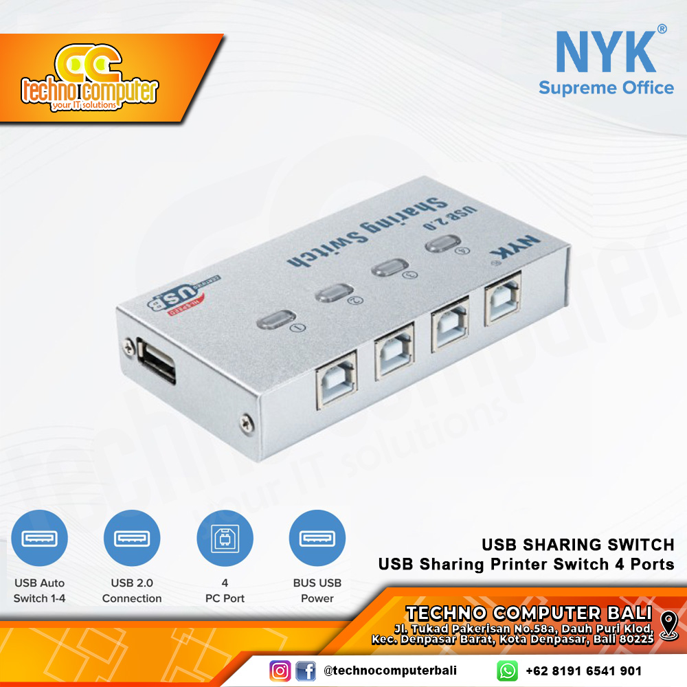NYK USB SHARING SWITCH (4 in 1 out) USB Sharing Printer Switch 4 Ports - UY-04A