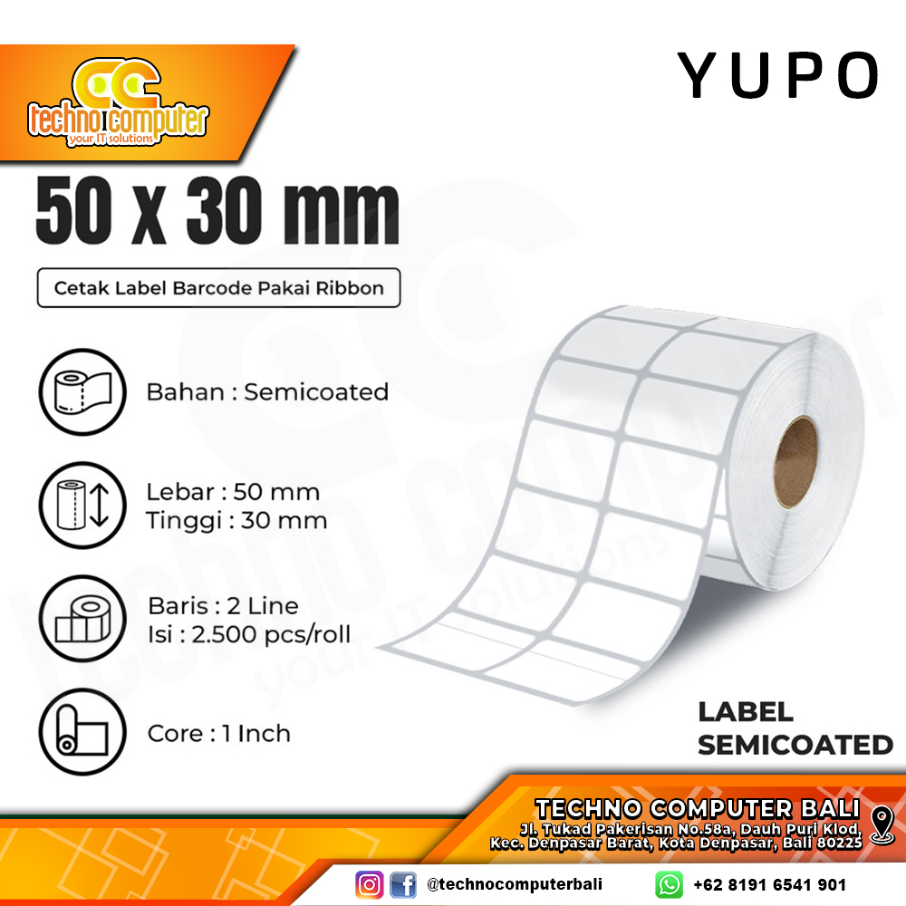 STIKER LABEL THERMAL BARCODE YUPO 50x30mm, 2 Line, 2500pcs