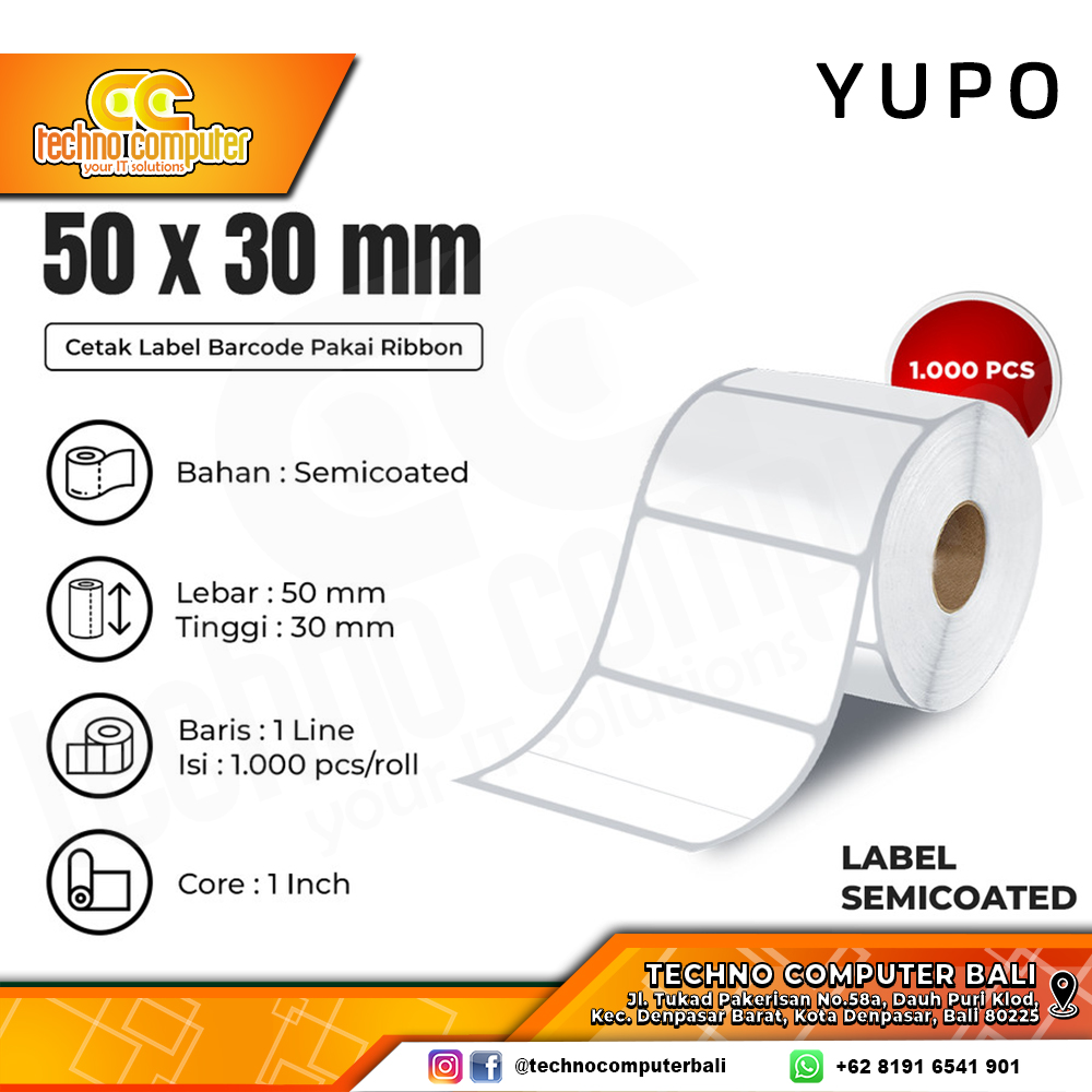 STIKER LABEL THERMAL BARCODE YUPO 50x30mm, 1 Line, 1000pcs
