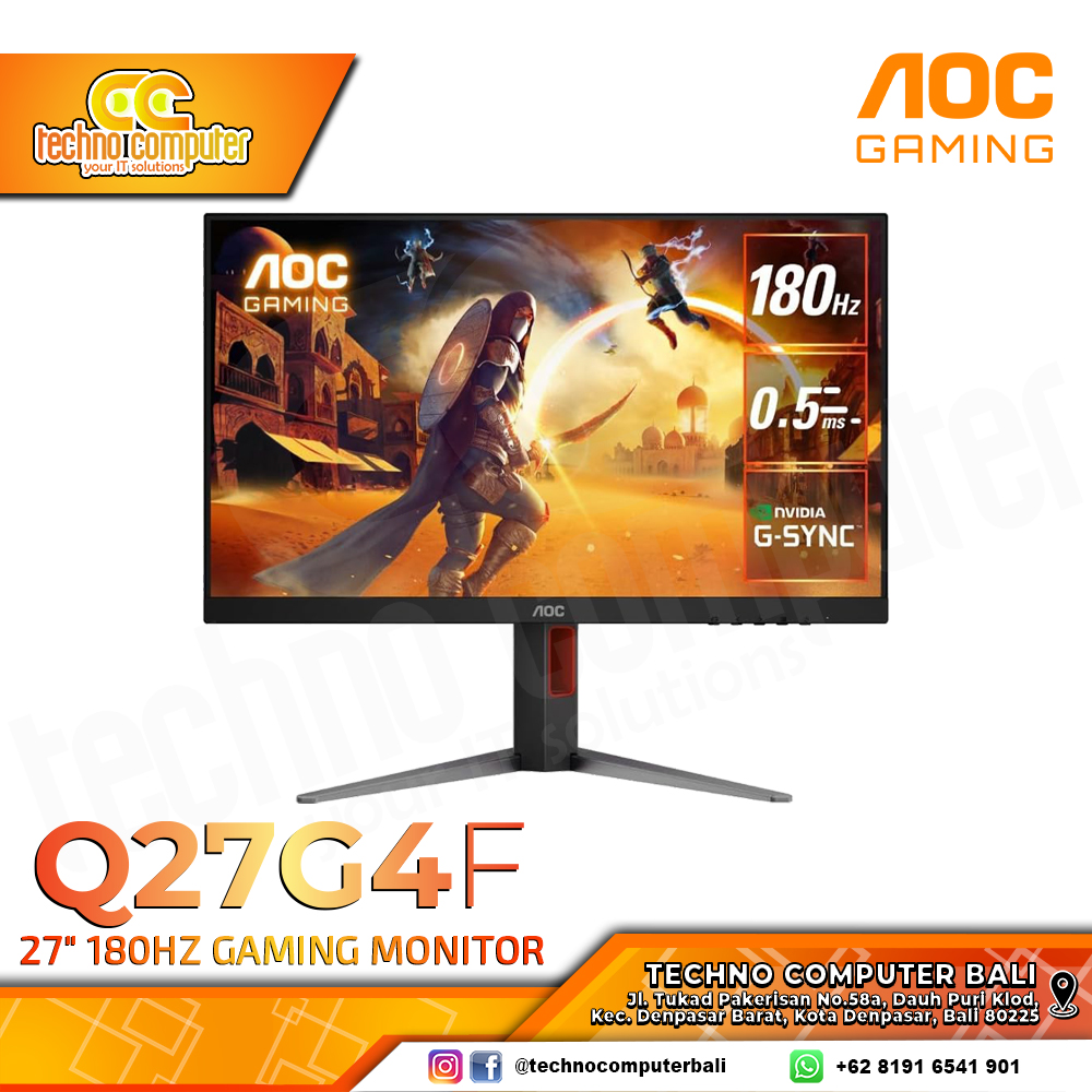 AOC Q27G4F Gaming Monitor - 27 inch, 2K QHD (2560 x 1440), IPS, 180Hz, 0.5ms