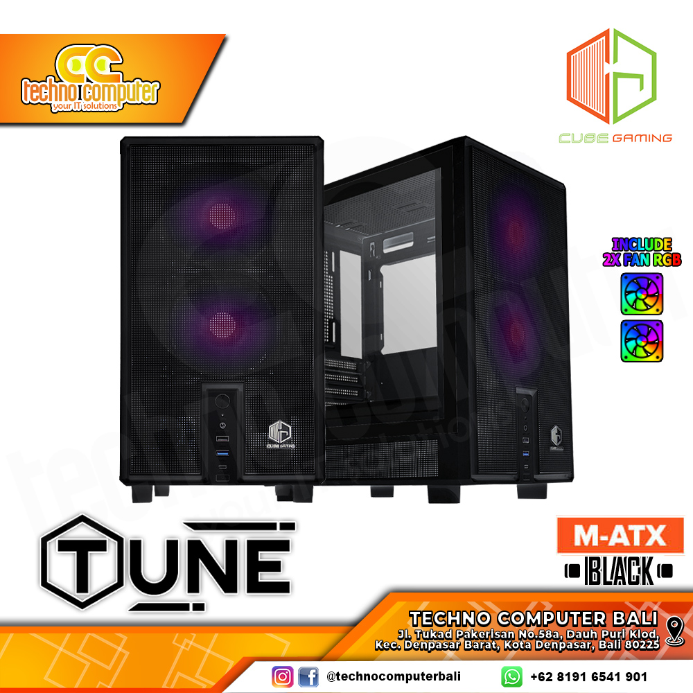 CASING CUBE GAMING TUNE Black - Mid Tower mATX Case Tempered Glass (Free 2x RGB Fan)
