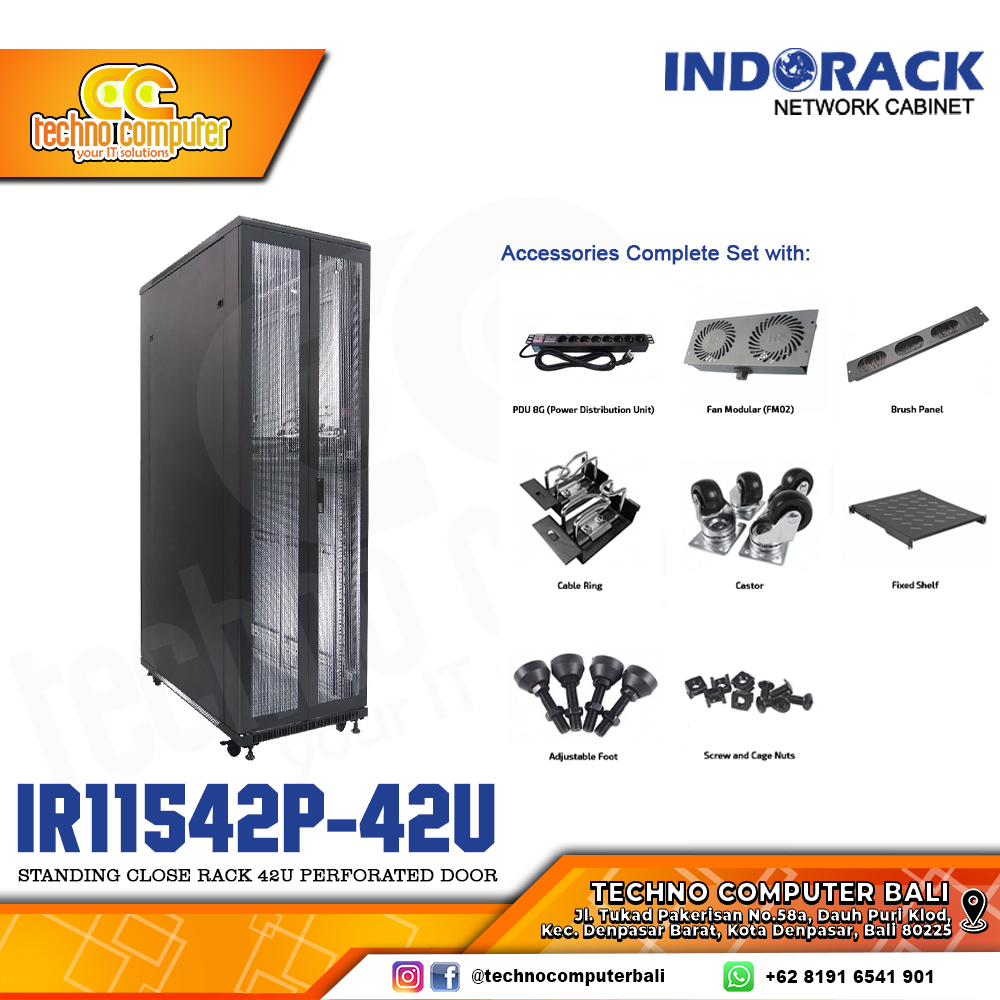 INDORACK IR11542P-42U - Standing Close Rack 42U Depth 1150mm Perforated Door 19Inch
