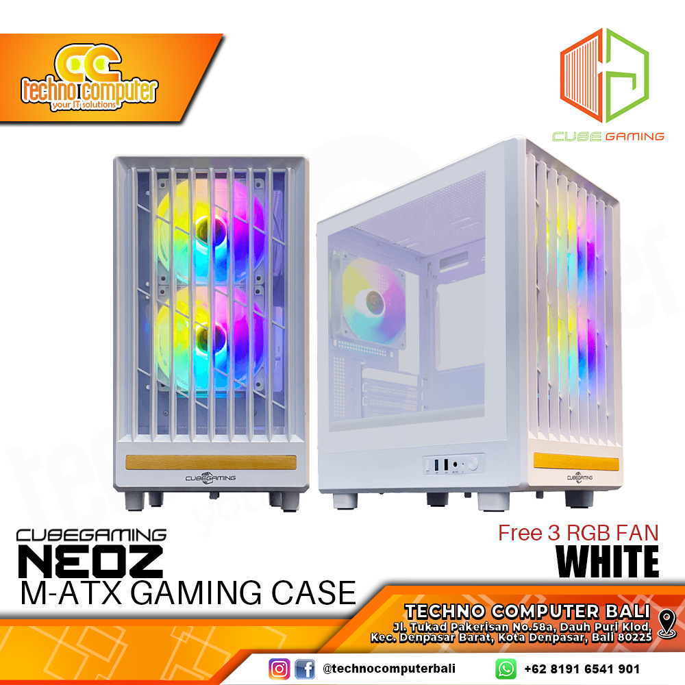 CASING CUBE GAMING NEOZ White - Mid Tower mATX Case Tempered Glass (Free 3x RGB Fan)
