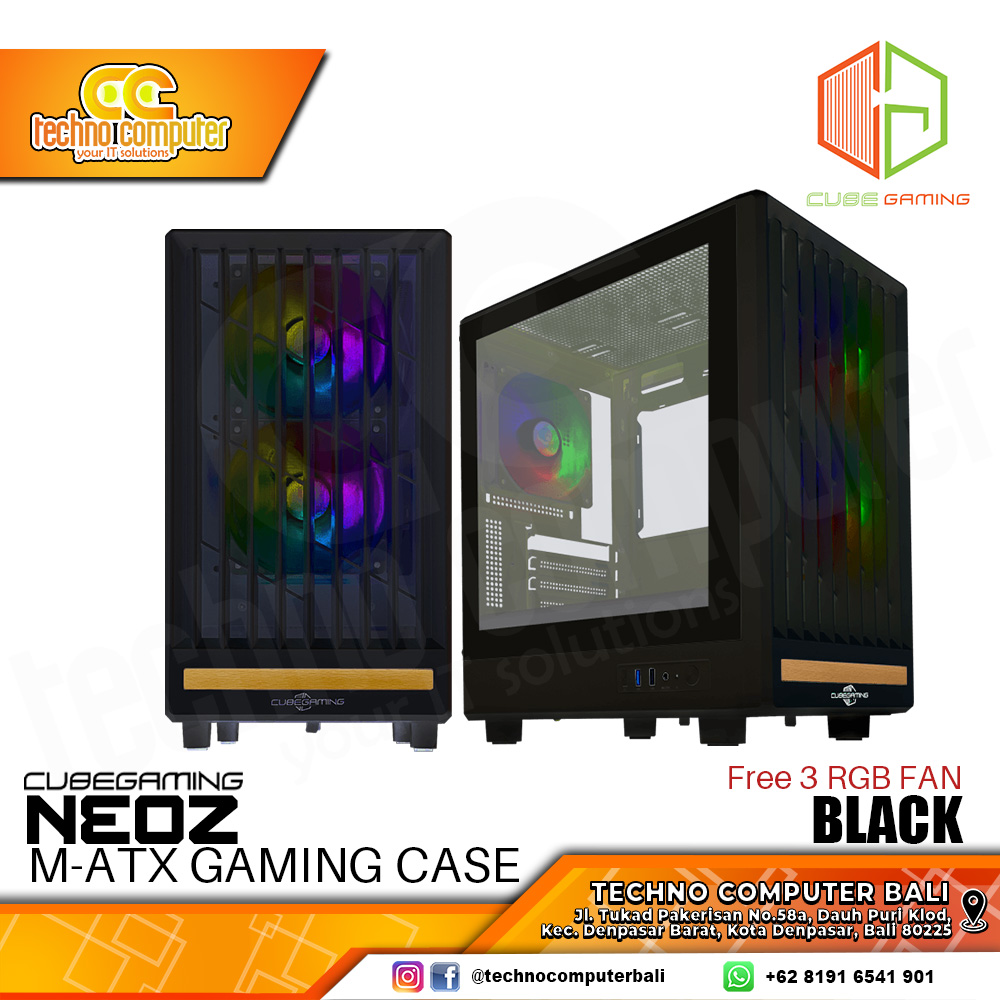 CASING CUBE GAMING NEOZ Black - Mid Tower mATX Case Tempered Glass (Free 3x RGB Fan)