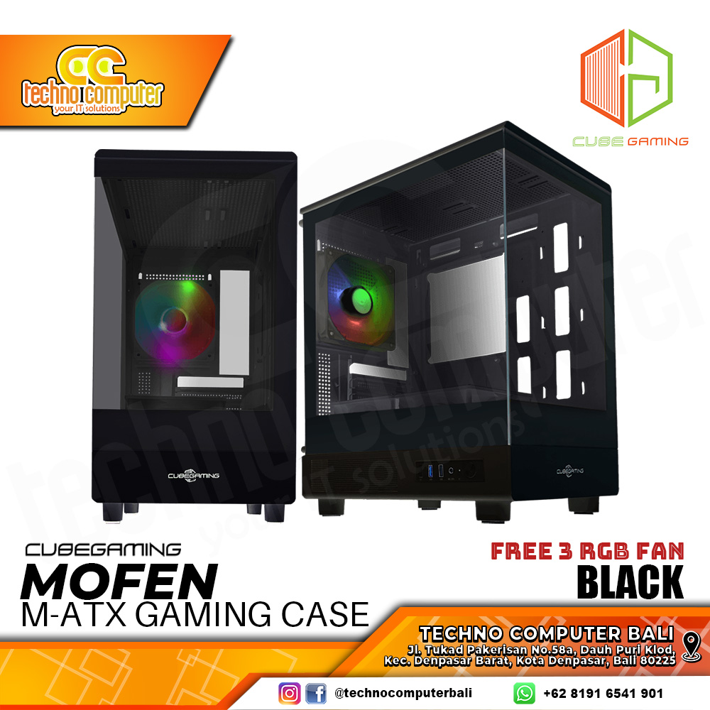 CASING CUBE GAMING MOFEN Black - Mid Tower mATX Case Tempered Glass (Free 3x RGB Fan)