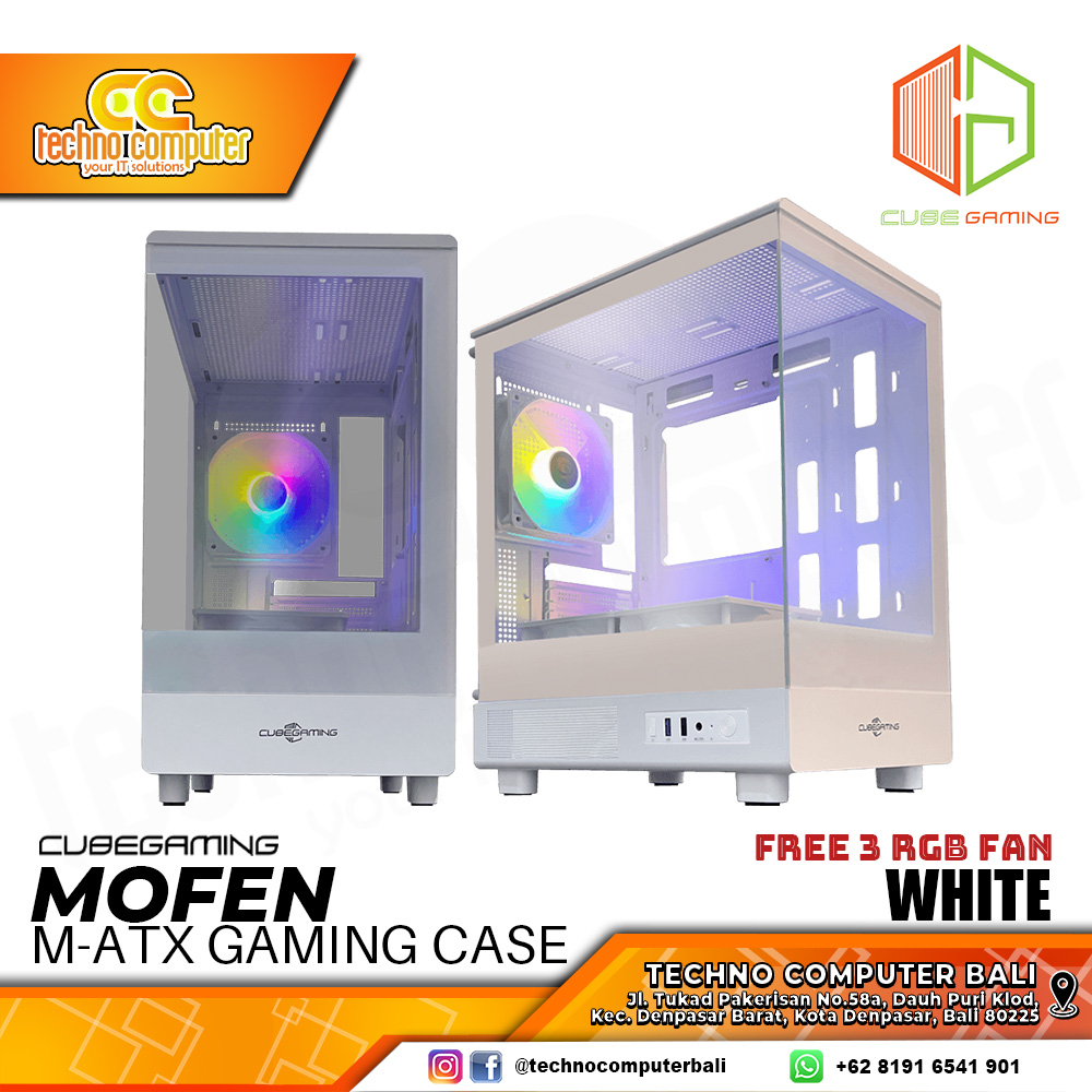 CASING CUBE GAMING MOFEN White - Mid Tower mATX Case Tempered Glass (Free 3x RGB Fan)