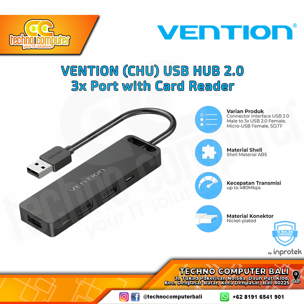 VENTION USB HUB 2.0 3x Port with Card Reader - CHU 0.15M