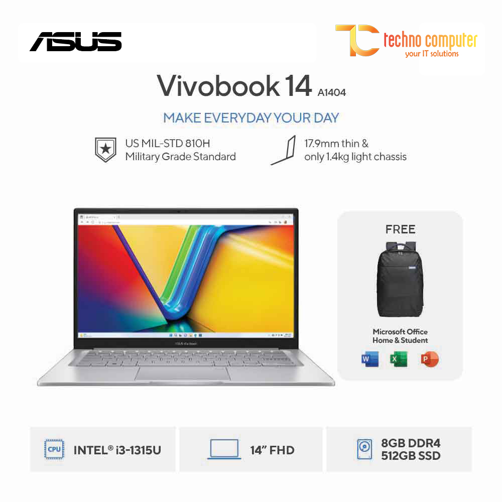 ASUS Vivobook 14 [A1404VA-VIPS352M] Core i3-1315U/RAM 8GB/SSD 512GB/W11 Home + OHS 2021