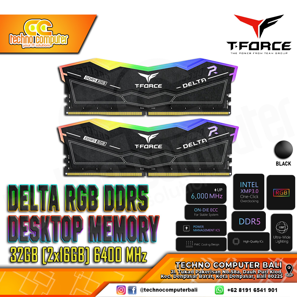 DDR5 TEAM T-FORCE DELTA RGB 32GB (2x16GB) Kit 6400Mhz CL40 - Black