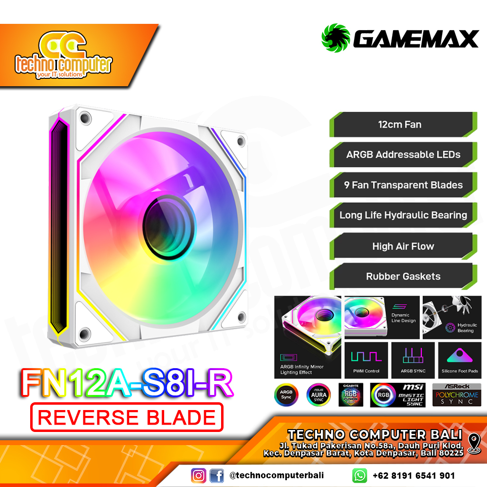 FAN CASING GAMEMAX FN12A-S8I-R REVERSE WHITE - 120mm Single Pack ARGB Fan