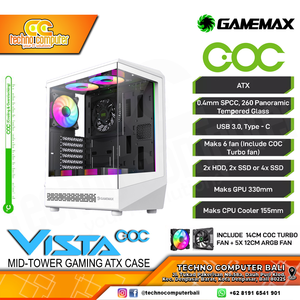 CASING GAMEMAX VISTA COC ATX White - Mid Tower ATX Case Tempered Glass (Free 5x ARGB Fan)