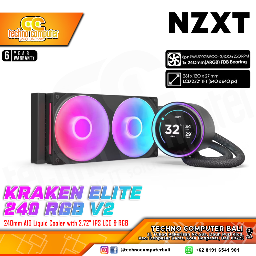 NZXT KRAKEN ELITE 240 RGB V2 Black - CPU Cooler - 240mm AIO Liquid Cooler with LCD Display and RGB