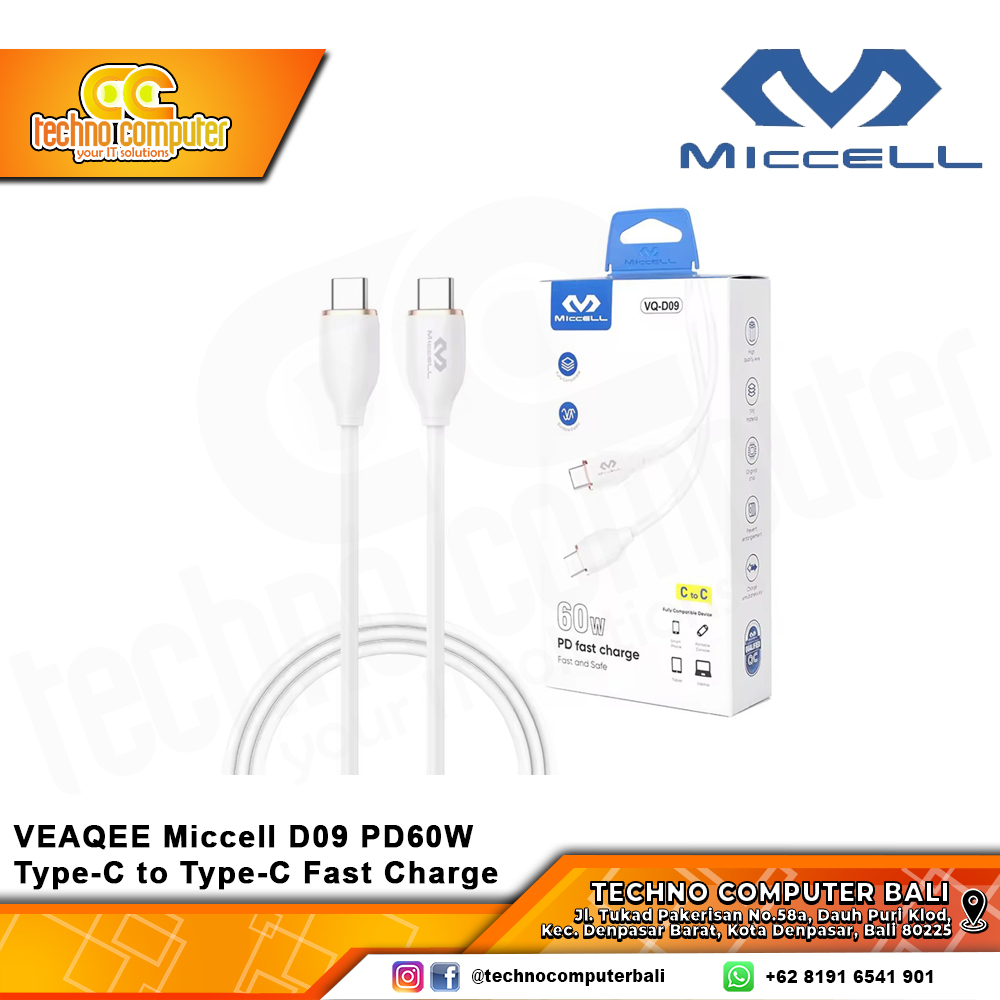 VEAQEE Miccell D09 PD60W KABEL USB Type-C to Type-C Fast Charge White - 1.5M