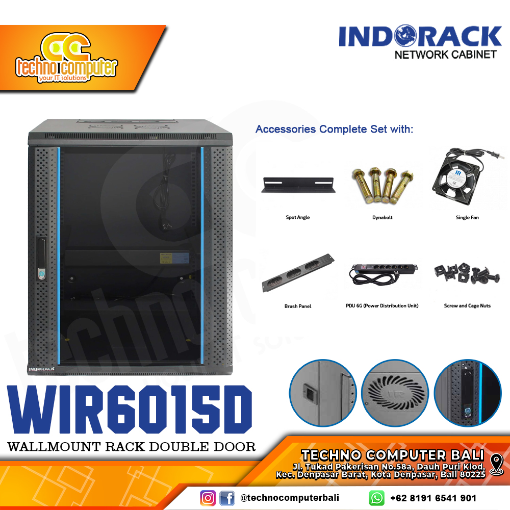 INDORACK WIR6015D-15U - Wallmount Rack Double Door 15U Depth 600mm Glass Door 19Inch