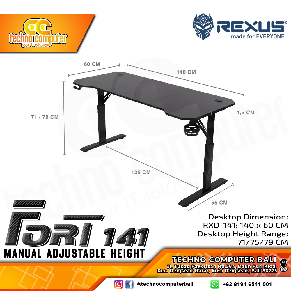MEJA GAMING REXUS FORT RXD-141 GAMING DESK With Manual Adjustable Height - Black