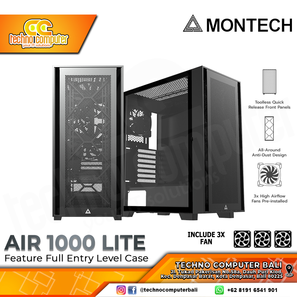 CASING MONTECH AIR 1000 LITE Black - Mid Tower ATX Case Tempered Glass (Free 3x Fan)