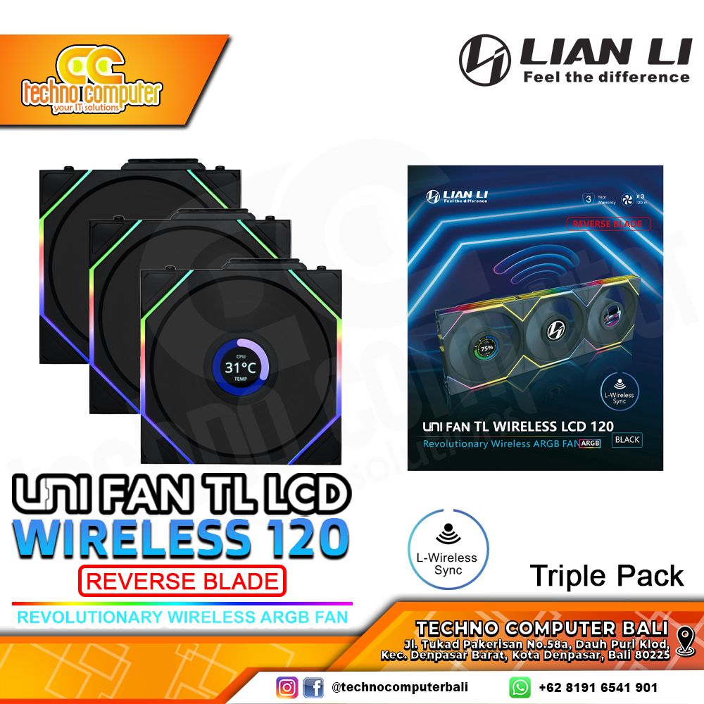 FAN CASING LIAN LI UNI FAN TL LCD 120 REVERSE BLADE Wireless Black - 120mm Triple Pack ARGB Fan