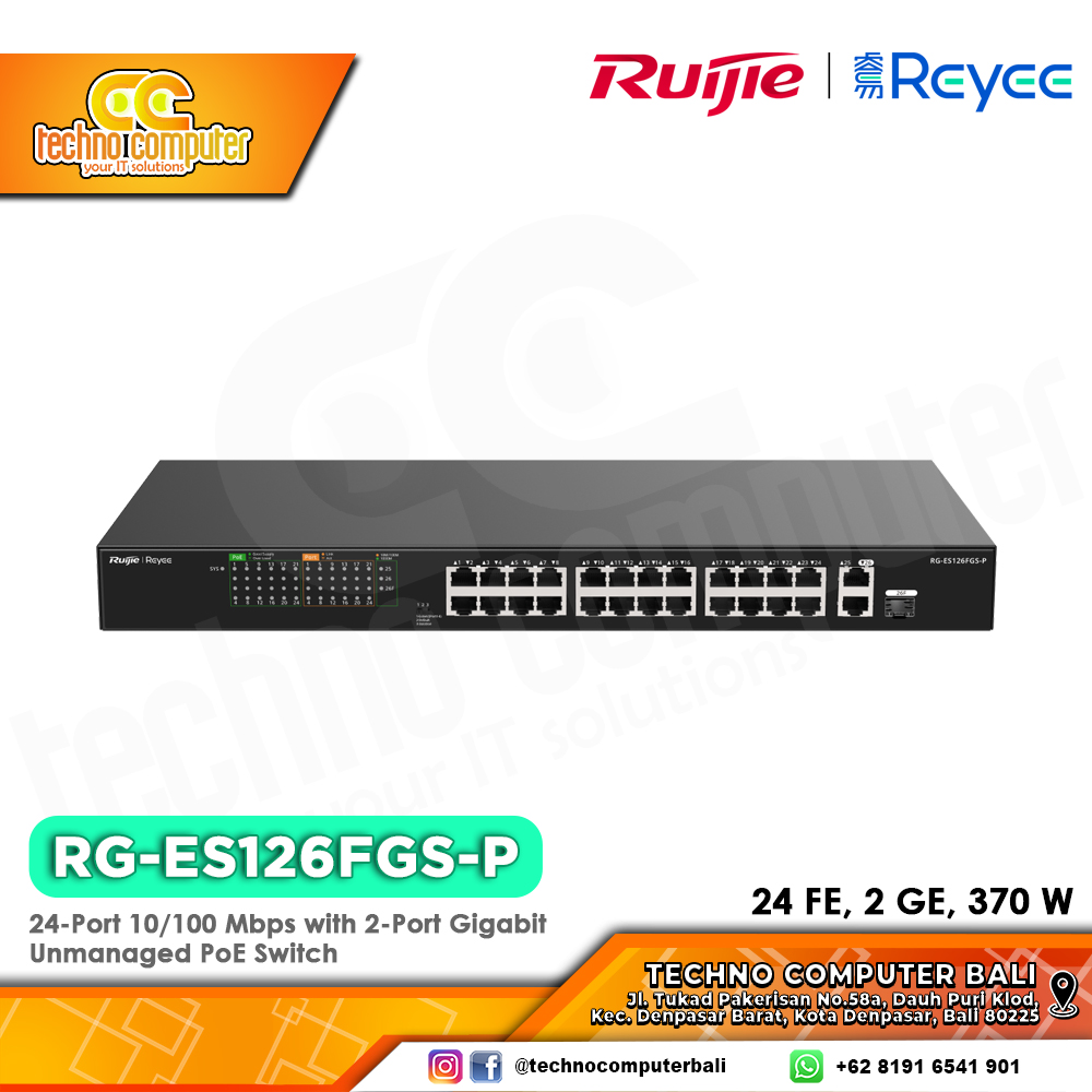 SWITCH POE RUIJIE/REYEE RG-ES126FGS-P 24-Port 10/100 Mbps with 2-Port Gigabit Unmanaged PoE Switch