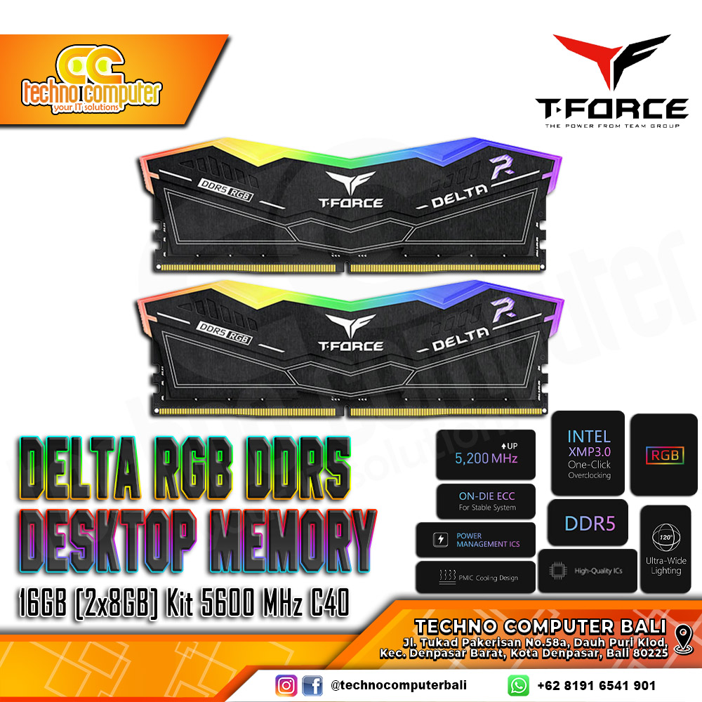 DDR5 TEAM T-FORCE DELTA RGB 16GB (2x8GB) Kit 5600Mhz CL40 - Black