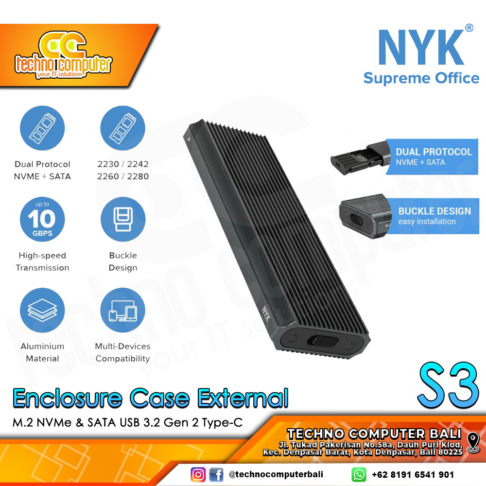 NYK S3 Enclosure Case External SSD M.2 NVMe & SATA USB 3.2 Gen 2 Type-C