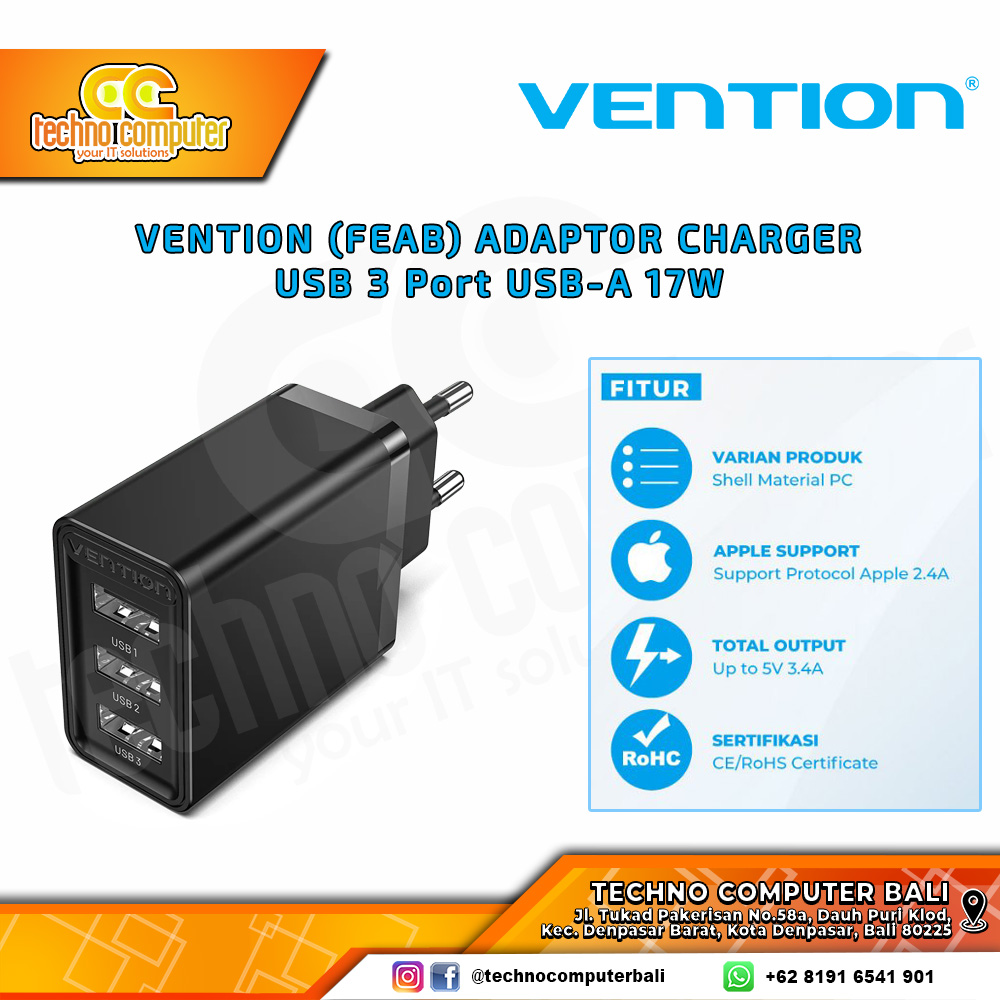 VENTION ADAPTOR CHARGER USB 3 Port USB-A 17W - FEAB0-EU BLACK