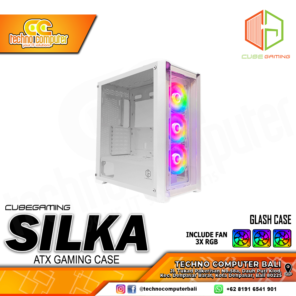CASING CUBE GAMING SILKA Glass White - Mid Tower ATX Case Tempered Glass (Free 3x RGB Fan)