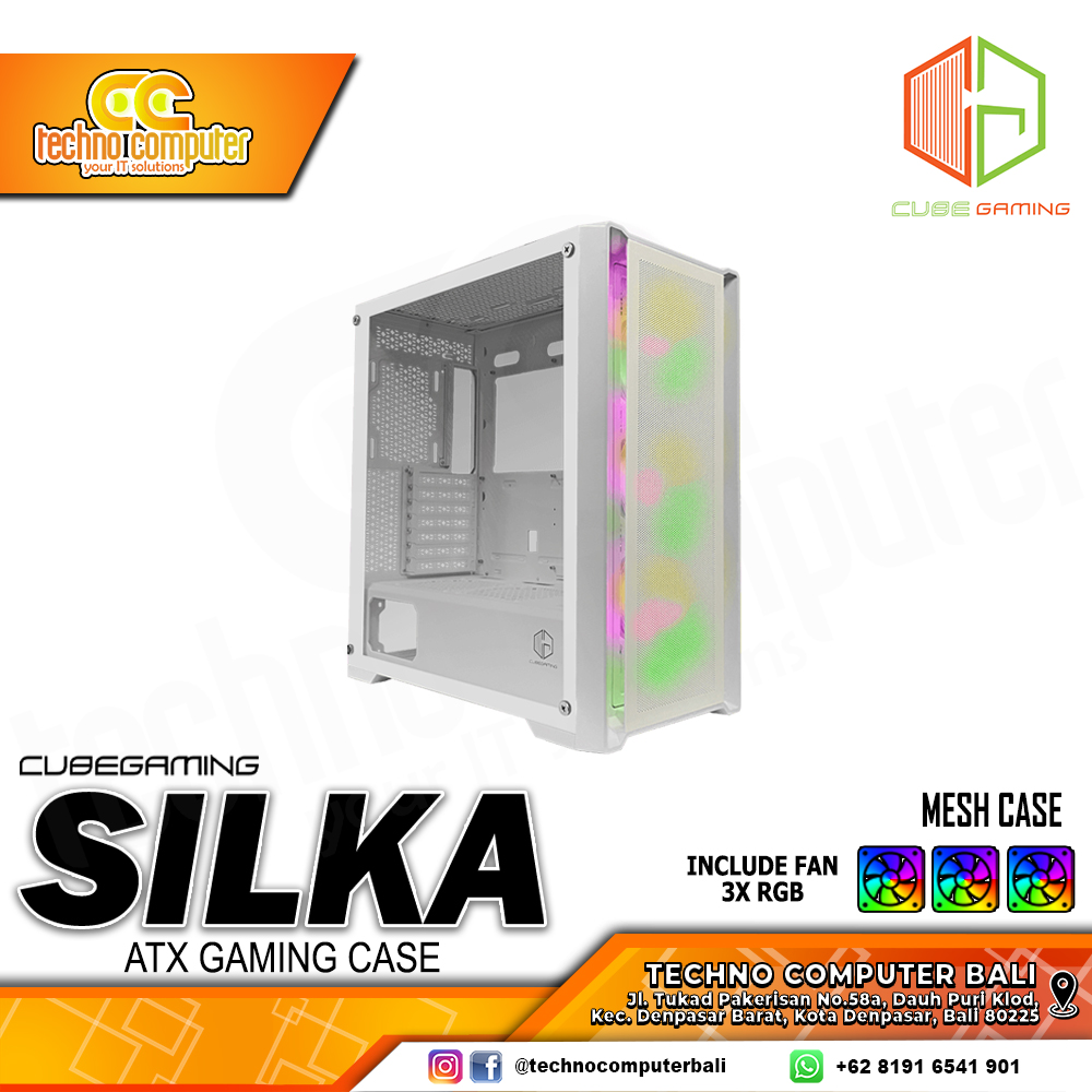 CASING CUBE GAMING SILKA Mesh White - Mid Tower ATX Case Tempered Glass (Free 3x RGB Fan)