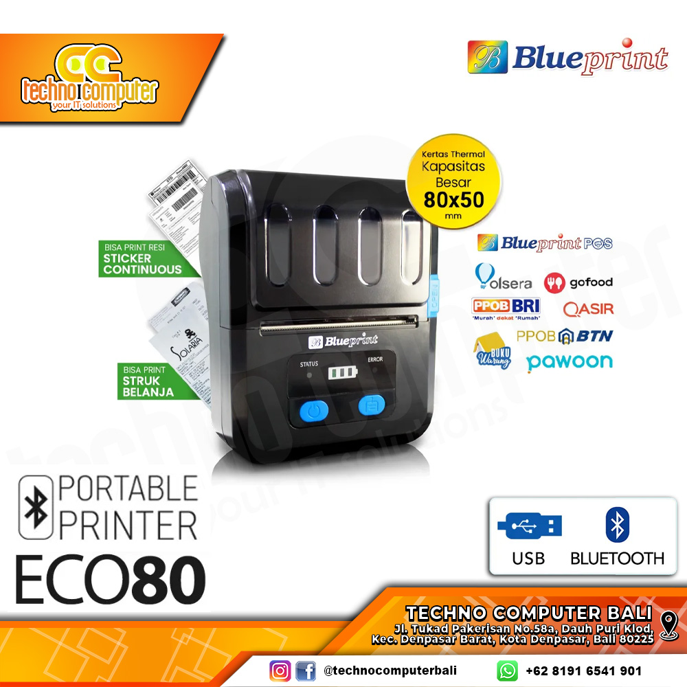 PRINTER THERMAL BLUEPRINT BP-ECO80 USB + Bluetooth (80x40 Lite)