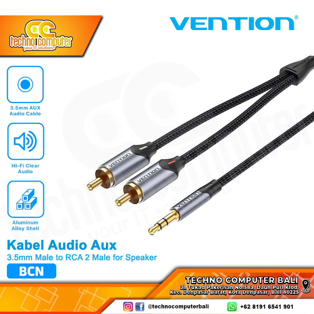 VENTION KABEL AUDIO AUX 3.5mm Male to RCA 2 Male for Speaker Braided Black - BCN 1.5M