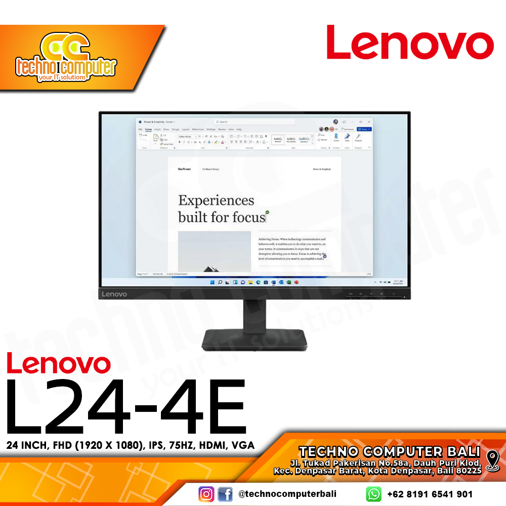 LENOVO L24-4E LED Monitor - 24 inch, FHD (1920 x 1080), IPS, 75Hz, HDMI, VGA