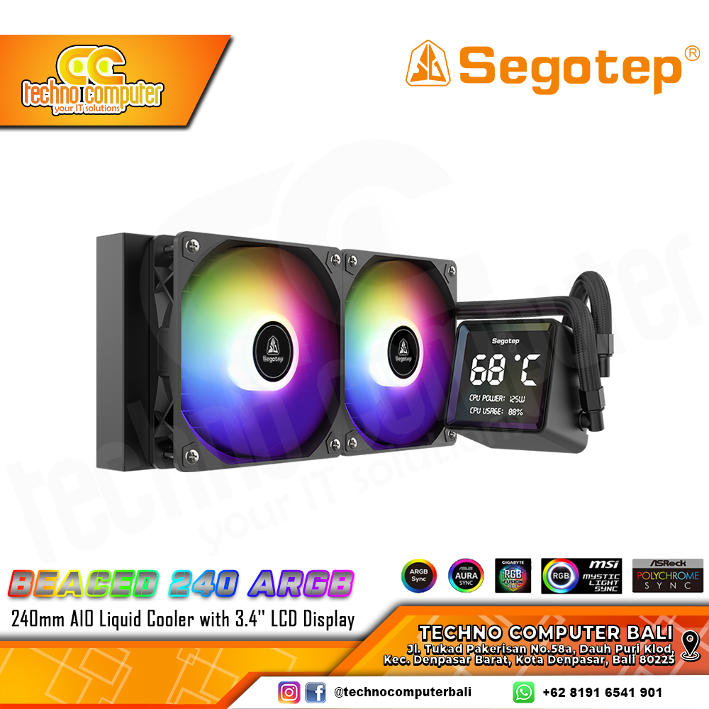 SEGOTEP BEACED 240 ARGB Black with 3.4inch LCD Display - CPU Cooler - 240mm AIO Liquid Cooler