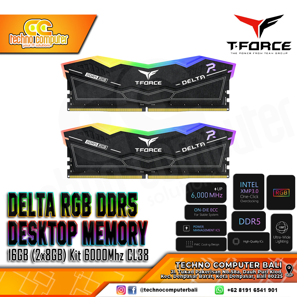 DDR5 TEAM T-FORCE DELTA RGB 16GB (2x8GB) Kit 6000Mhz CL38 - Black