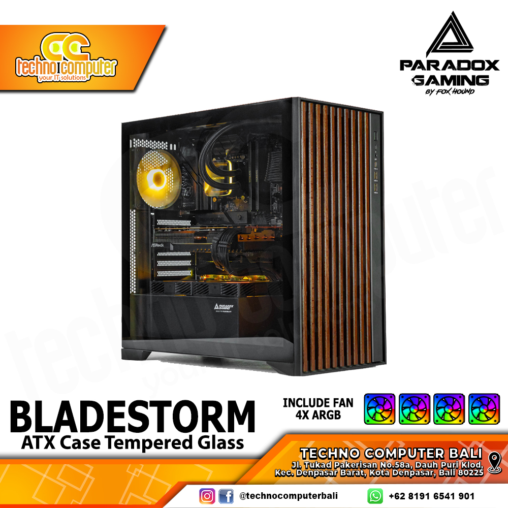 CASING PARADOX GAMING BLADESTORM Black - Mid Tower ATX Case Tempered Glass (Free 4x ARGB Fan)