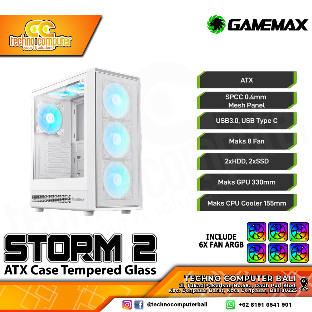 CASING GAMEMAX STORM 2 White - Mid Tower ATX Case Tempered Glass (Free 6x ARGB Fan)