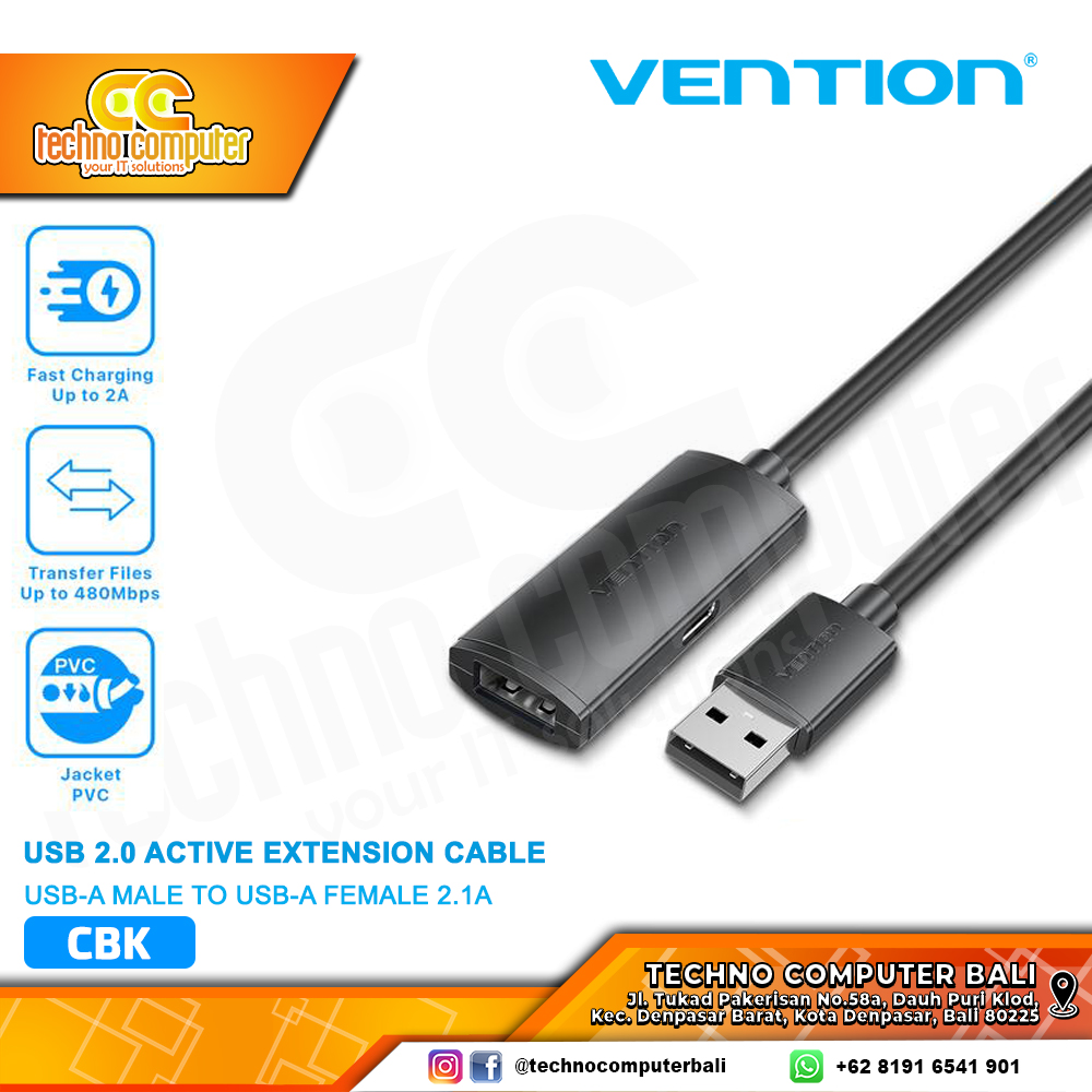 VENTION Kabel USB Extension Active USB 2.0 Male to Female with Type C Power Supply - CBK 20M