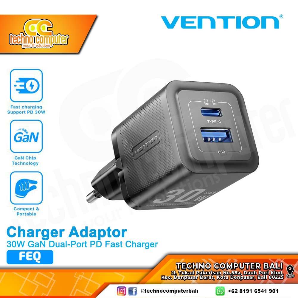 VENTION CHARGER GaN 30W USB Type-C Fast Charging PD Dual Port Black - FEQB0-EU