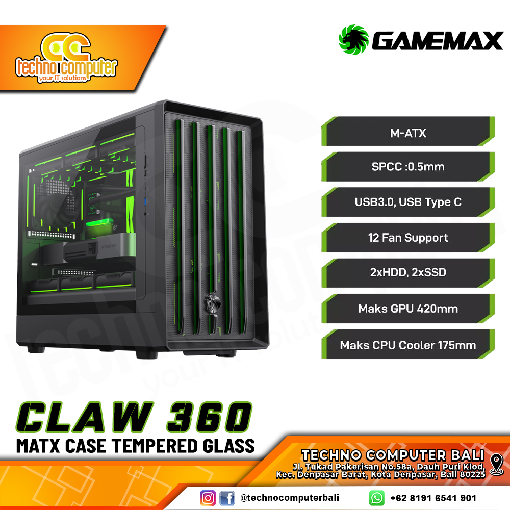 CASING GAMEMAX CLAW 360 Black - Mid Tower mATX Case Tempered Glass