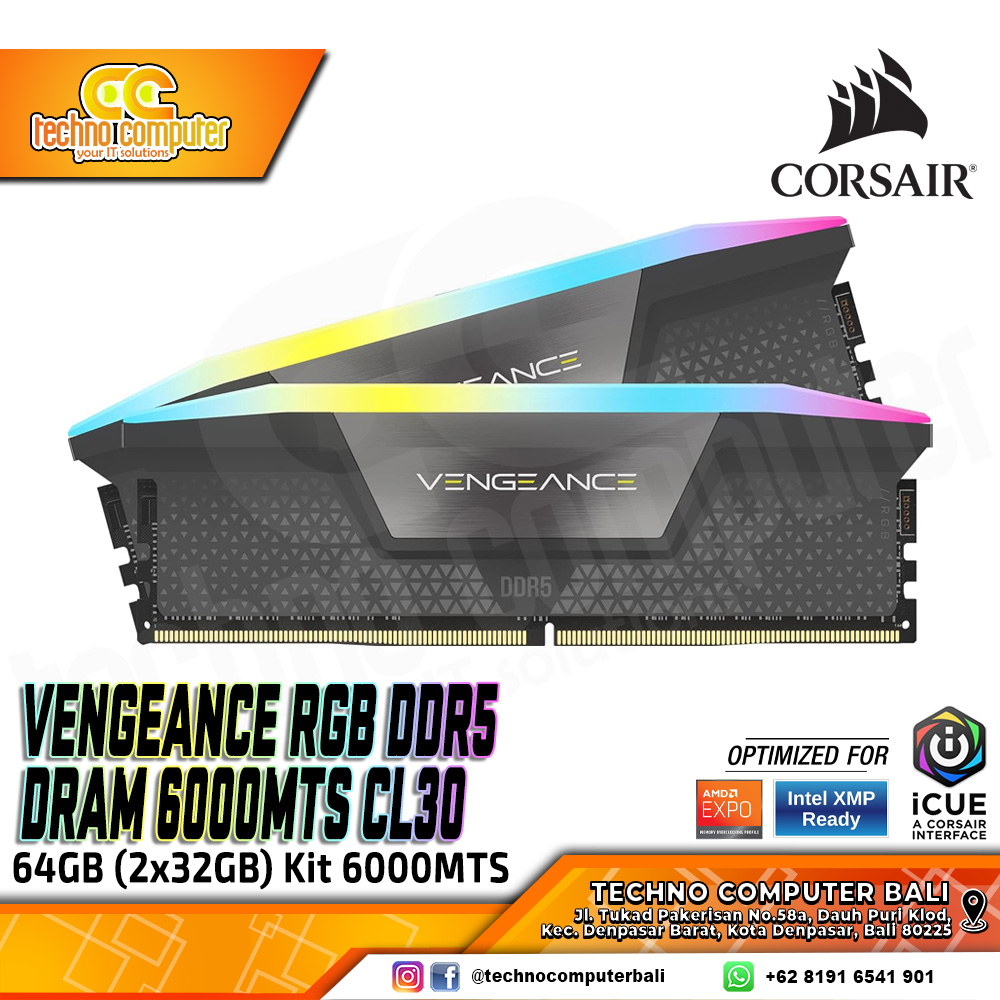 DDR5 CORSAIR VENGEANCE RGB 64GB (2x32GB) Kit 6000MHz C30 AMD EXPO & Intel XMP - GREY