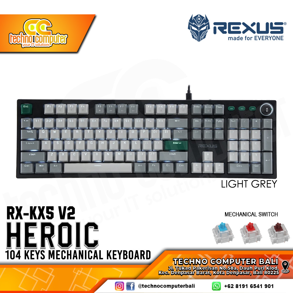 REXUS HEROIC KX5 V2 Light Grey - Mechanical Red Switch - Gaming Keyboard
