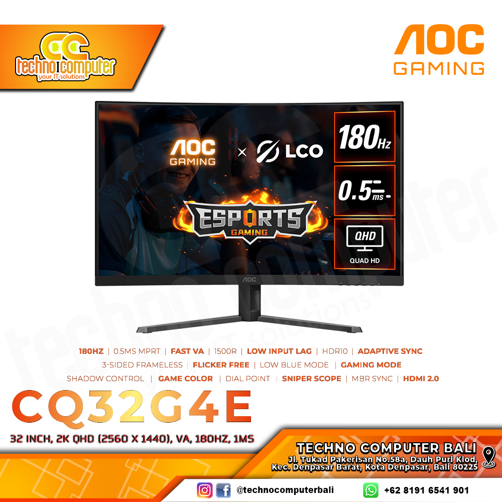 AOC CQ32G4E/70 Curved Gaming Monitor - 32 inch, 2K QHD (2560 x 1440), VA, 180Hz, 1ms