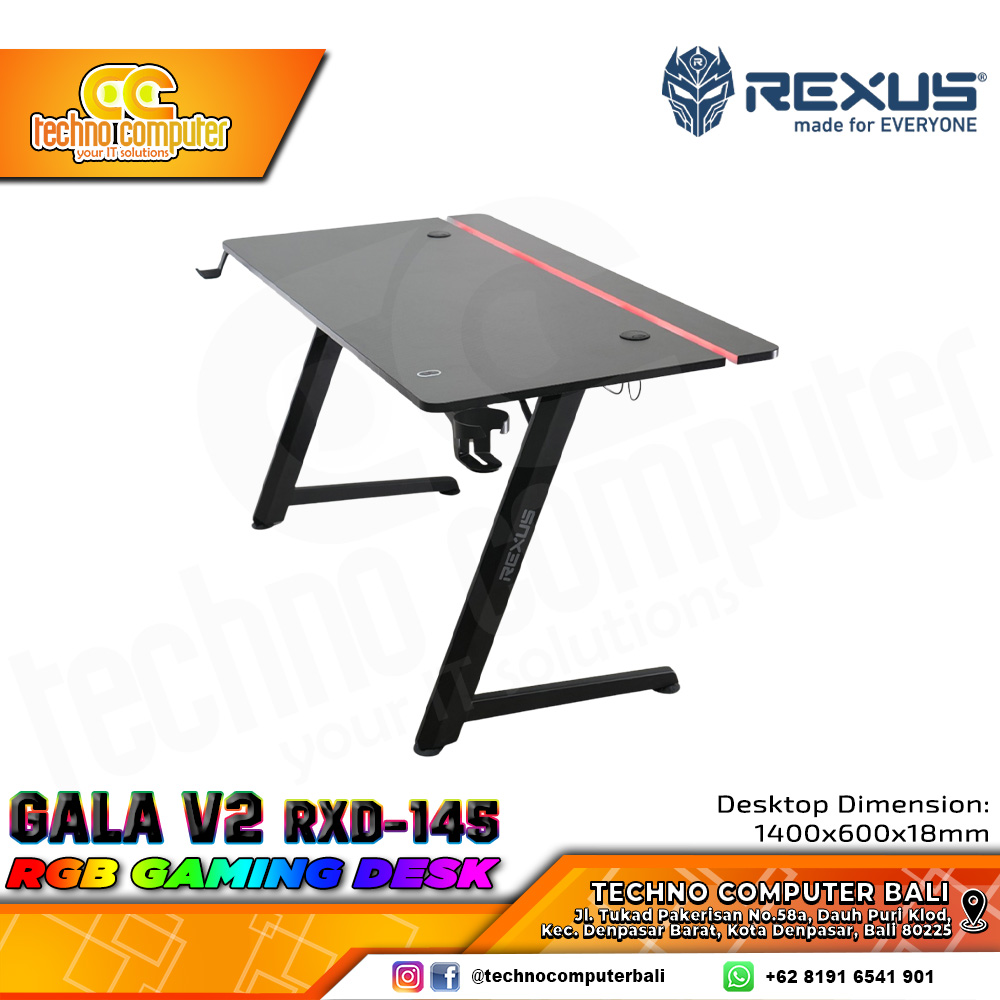MEJA GAMING REXUS GALA V2 RXD-145 GAMING DESK With Headphone Hook & Cup Holder - BLACK