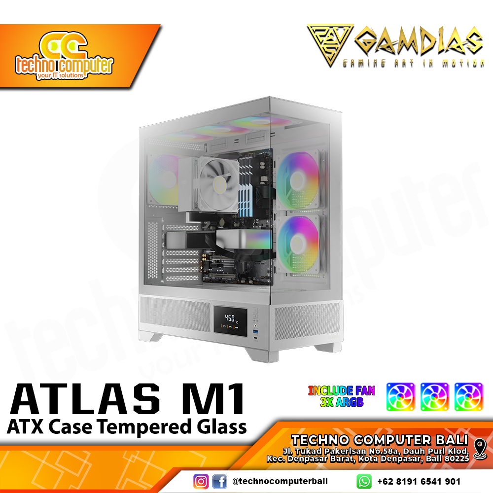 CASING GAMDIAS ATLAS M1 White - Mid Tower ATX Case Tempered Glass (Free 3x ARGB Fan)