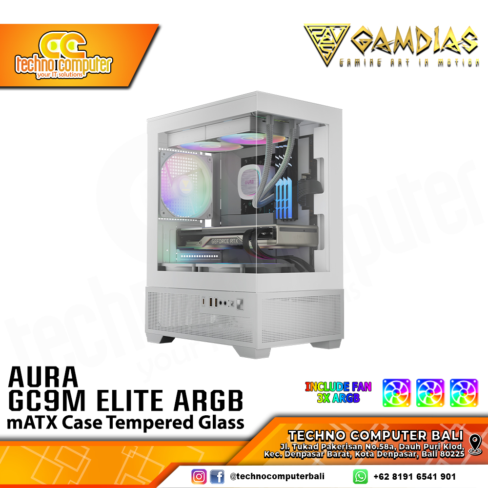 CASING GAMDIAS AURA GC9M ELITE ARGB White - Mid Tower mATX Case Tempered Glass (Free 3x ARGB Fan)