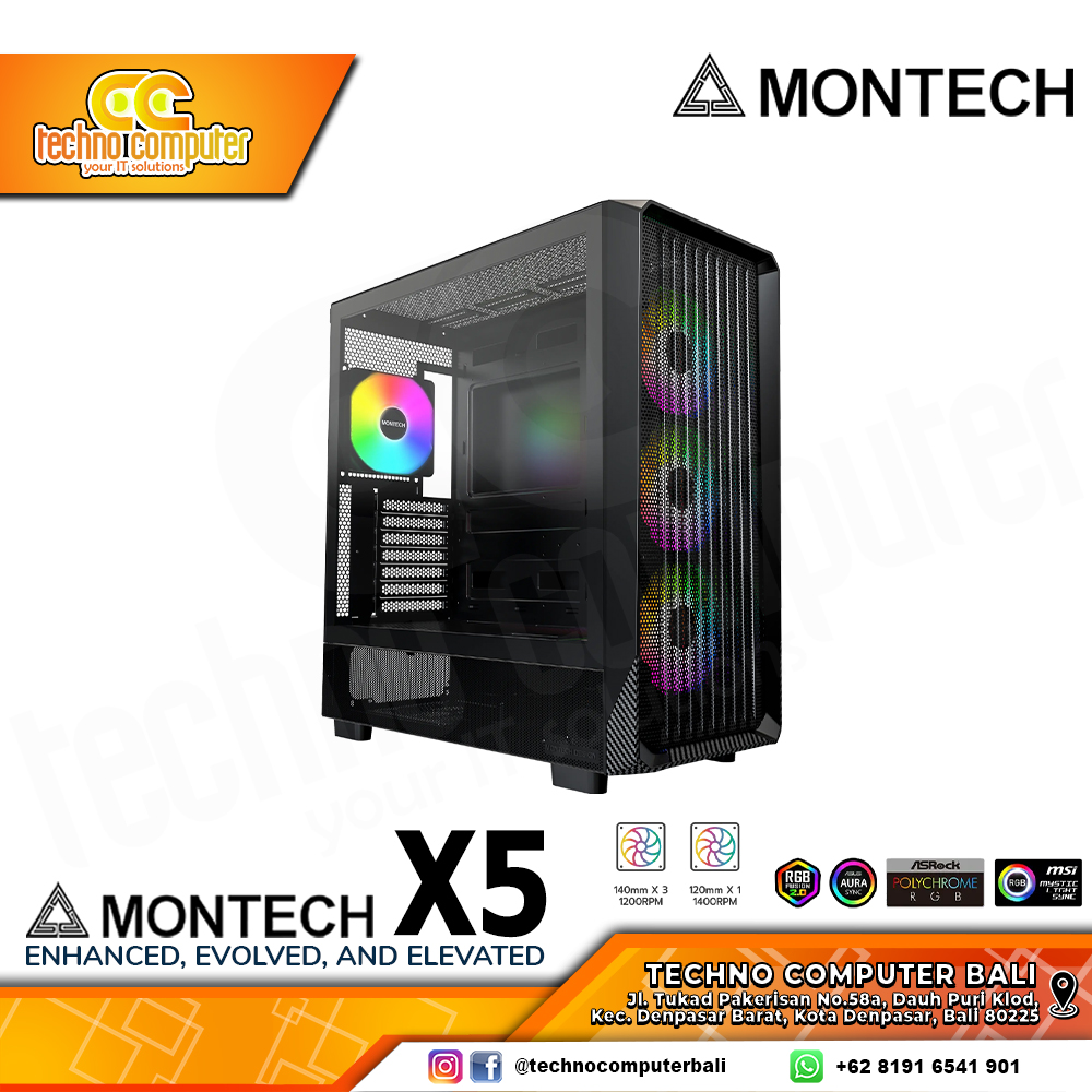 CASING MONTECH X5 Black - Mid Tower ATX Case Tempered Glass (Free 3x ARGB Fan)