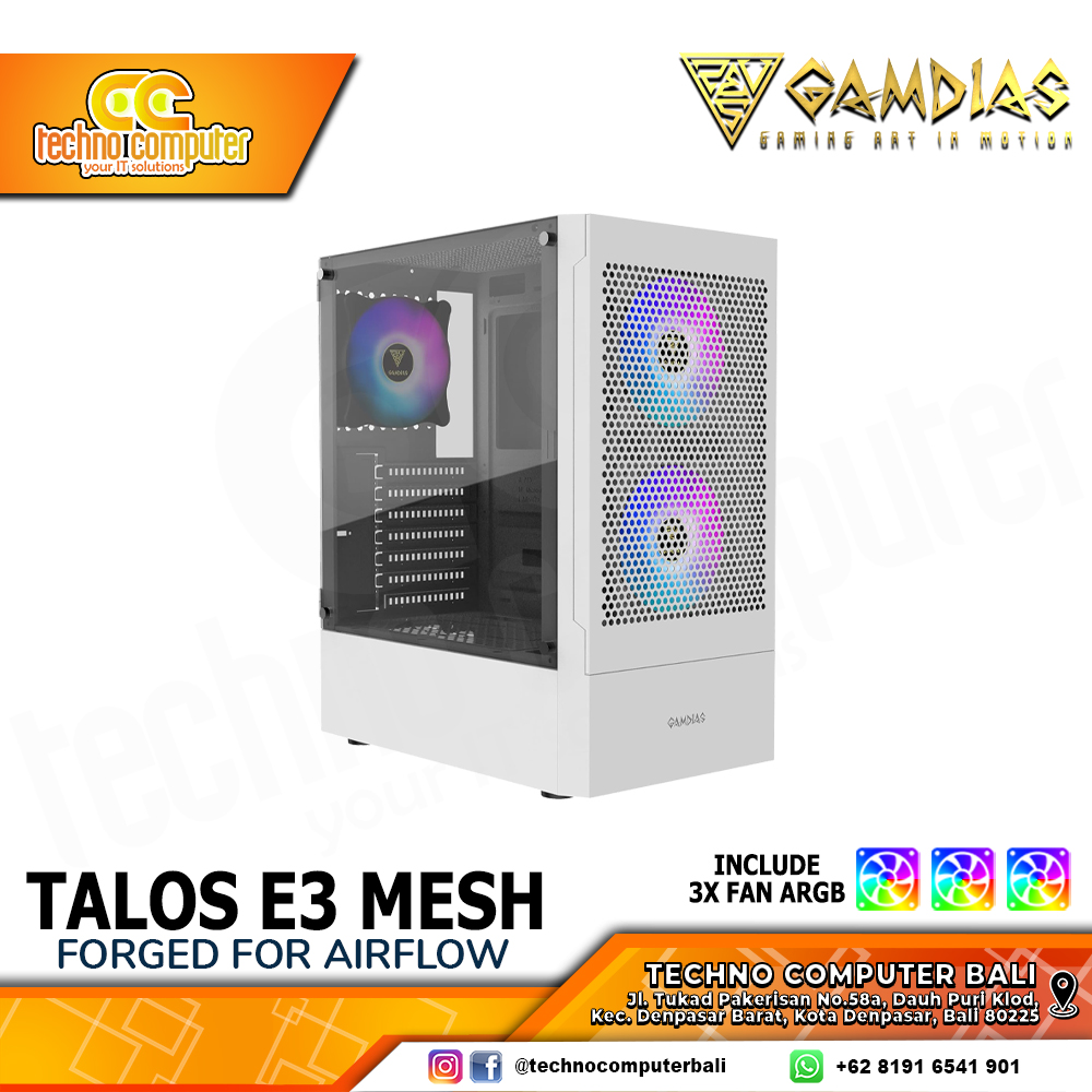 CASING GAMDIAS TALOS E3 Mesh White - Mid Tower ATX Case Tempered Glass (Free 3x ARGB Fan)