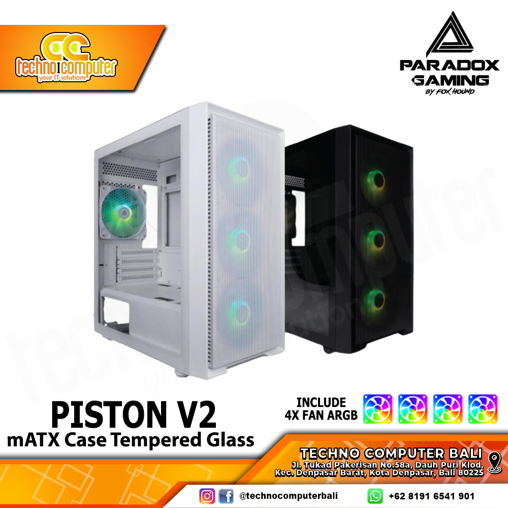 CASING PARADOX GAMING PISTON V2 BLACK - Mid Tower mATX Case Tempered Glass (Free 4x ARGB Fan)