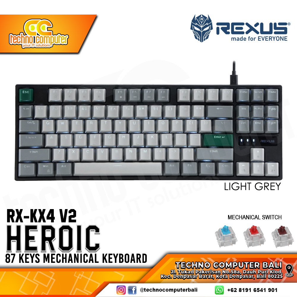 REXUS HEROIC KX4 V2 65% Light Grey - Mechanical Hotswap Red Switch - Gaming Keyboard